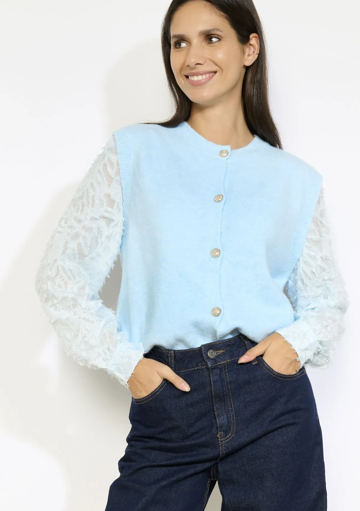 LolaLiza Gebreid vest met kantmouwen- Truien En Cardigans