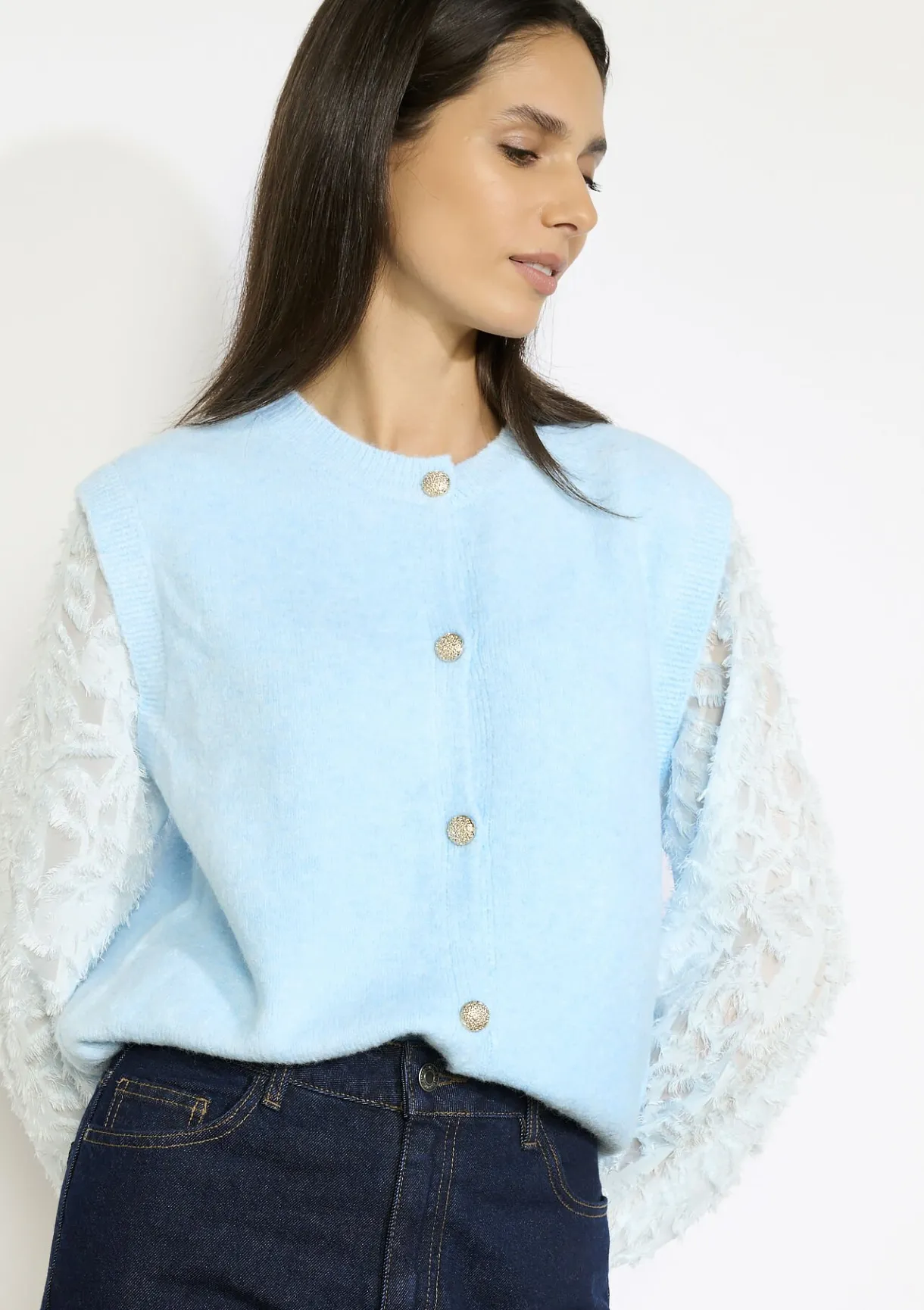 LolaLiza Gebreid vest met kantmouwen- Truien En Cardigans